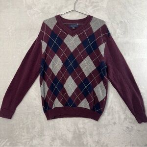 Club Room Argyle Sweater Mens Medium Maroon Lambs Wool Grandpa Golf Preppy